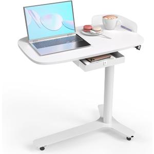 Rolling Desk Adjustable Height with Drawer and Wheels, Portable Small Standing Desk Pneumatic for Home Office, Mobile Computer Laptop Cart, Medical Sofa Overbed Table, White