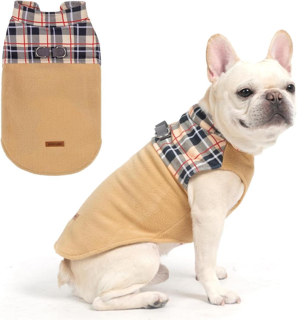 EXPAWLORER Fleece Dog Sweater - Classic Plaid Dog Jacket, Winter Coat Vest with 2 D-Rings for Leash, Pet Cold Weather Clothes, Sweatershirt for Boys or Girls (Beige)