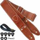 Nefelibata Guitar Strap, 2"Full Grain Leather Guitar Straps with Pick Pocket for Bass, Electric & Acoustic Guitar, Come with Guitar Picks,Strap Button and Strap Locks(Coffee Brown)