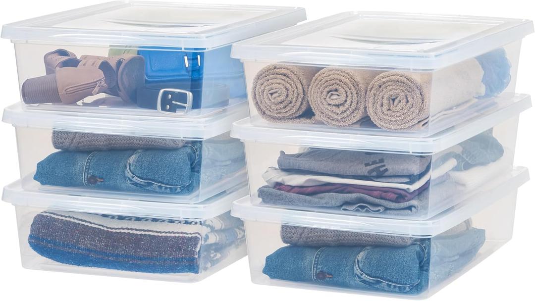 IRIS USA 6-Pack Storage Bins with Lids, 28 Quart, Clear Stackable Containers Box Organize Shoes Closet Shelves Clothes Blankets Towels - BPA-Free Plastic