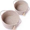 Small Gift Basket Empty Set of 2 - Little Cute Woven Rope Organizer Bins for Baby Shower Gifting, Makeup, Bathroom, Desk, Decorative Vanity - Pre-Shaped, Brown