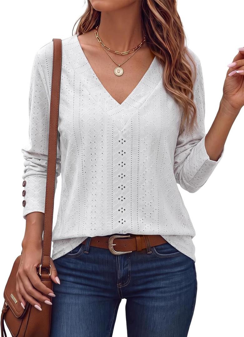 Dokotoo Womens Fall V Neck Long Sleeve Eyelet Embroidered Blouse (White, M)