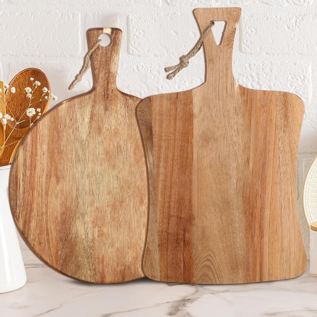 Hsei 2 Pcs Acacia Wood Cutting Board with Handle Wooden Charcuterie Board Large Paddle Carving Chopping Set Butter Serving Tray for Cheese Meat Fruit Pizza Bread Baking(Practical Handle)