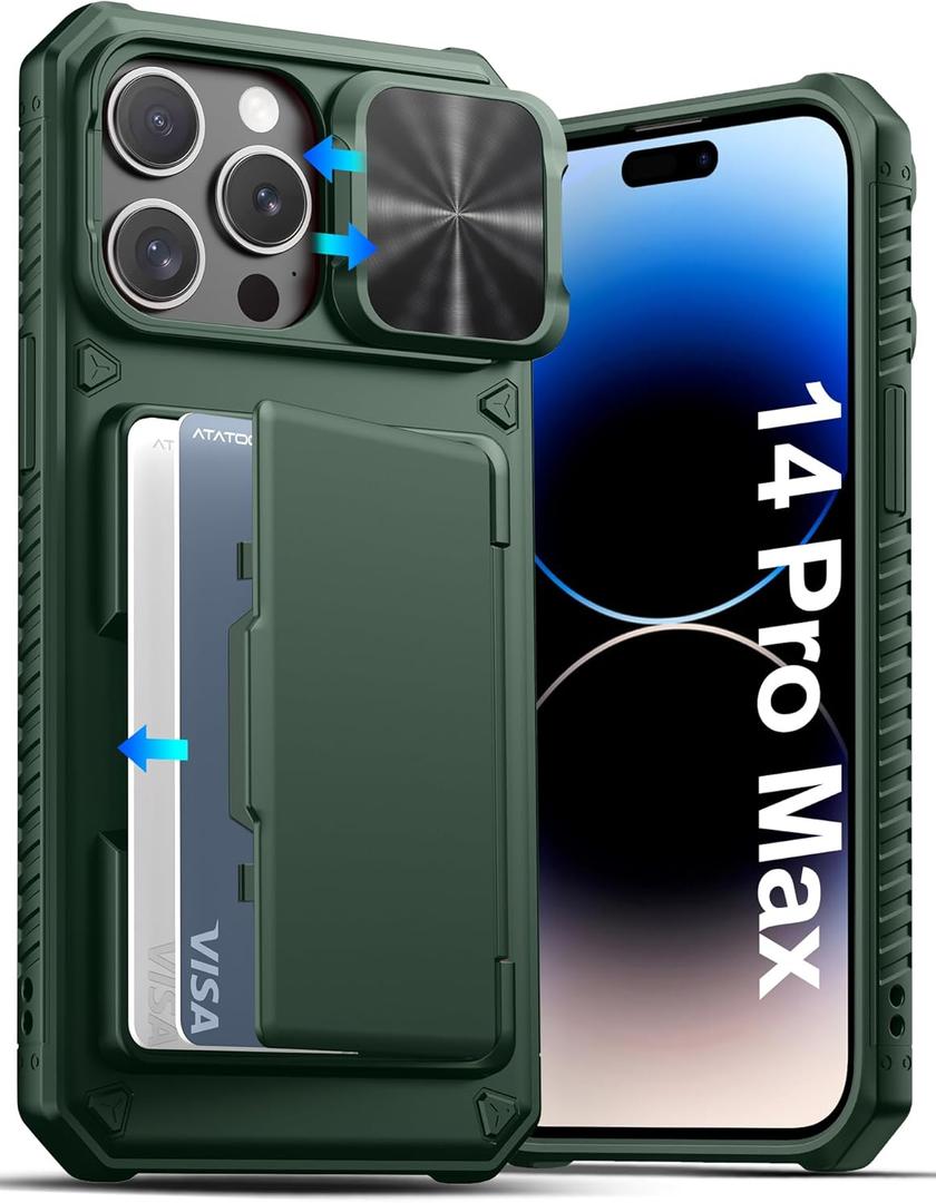 ATATOO for iPhone 14 Pro Max Case, Built-in Card Holder (Store 3-5 Cards) & Sliding Camera Cover, Military Grade Protection, Heavy Duty Sturdy Durable Wallet Phone Case for 14 Pro Max 6.7", Green
