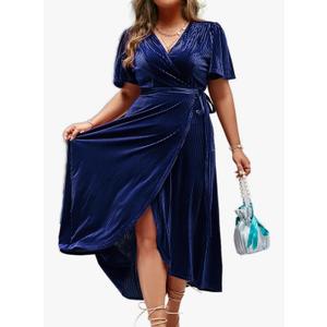 BerryGo Women's Velvet V Neck Wrap Semi Formal Dress Cocktail Party Maxi Dress for Wedding Guest Medium
