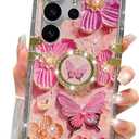 for Samsung Galaxy S25 Ultra Glitter Floral Case, Cute Colorful Retro Oil Painting Printed Flowers Butterfly Bling Sparkly Ring Kickstand Shockproof Women Girls Case for Galaxy S25 Ultra,Pink