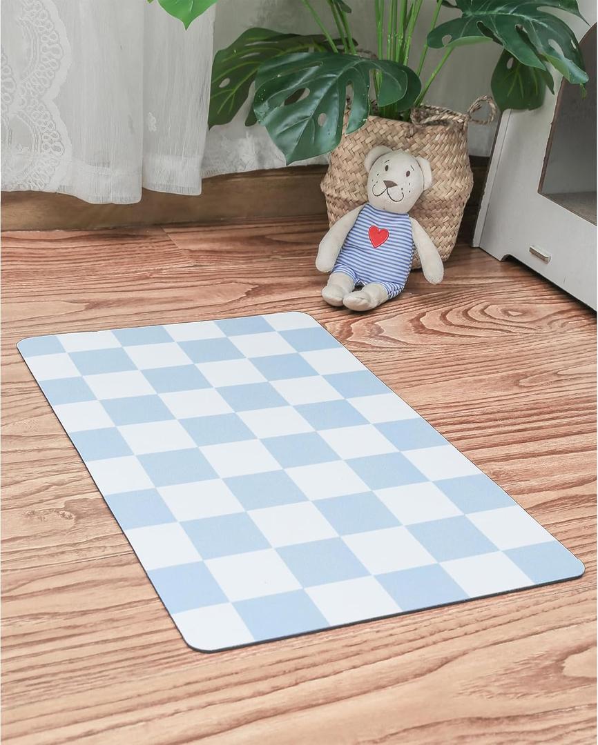 Ralxion Checkered Dog Feeding Mat, Absorbent Mats for Dog Food and Water Bowl, Dispenser, Retro Aesthetic Light Blue Checkerboard Pet Placemat for Dogs, Cats, Puppy Accessories, 16" X 24