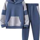 5-11Y Boys Clothes Long Sleeve Hooded Pullover Colorblock Sweatshirt + Pants 2pcs Fall Winter Outfit Set (13-14Y, Z:blue)