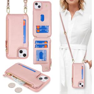Cavor for iPhone 15 Plus Wallet Case with Card Holder for Women, for iPhone 15 Plus Case with Strap,Crossbody Lanyard and Wristlet Zipper Pocket Phone Cover-Rose Gold