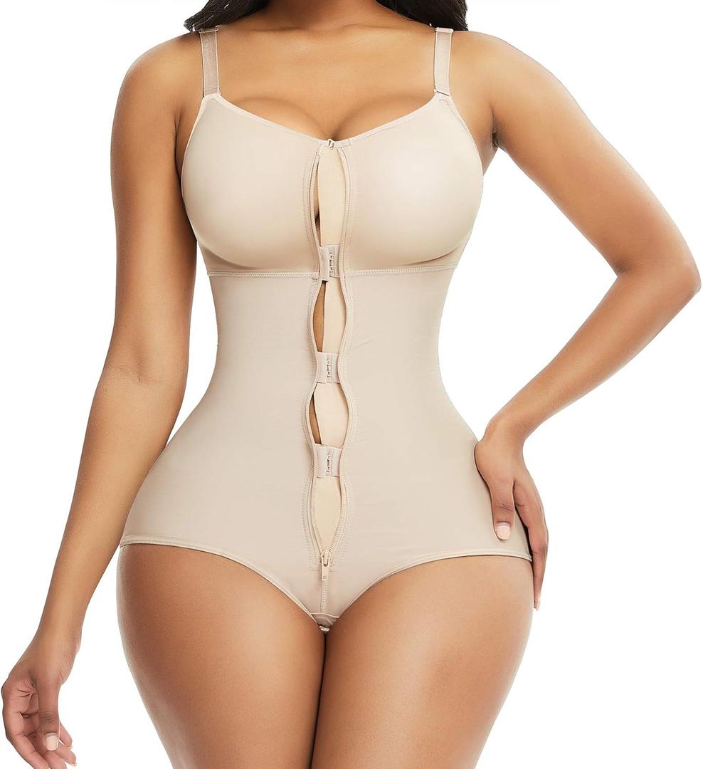 FeelinGirl Faja Body Shaper for Women Tummy Control Postpartum Shapewear Bodysuit Full Bust Bodysuits With Zipper (Large, Beige)
