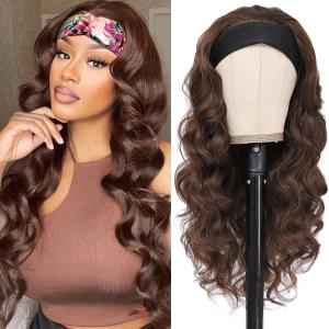 Headband Wigs for Women Glueless Synthetic Wig Heat Resistant Fiber Chocolate Brown Color Long Headband Wig for Daily Use(4#) (24 Inch (Pack of 1))
