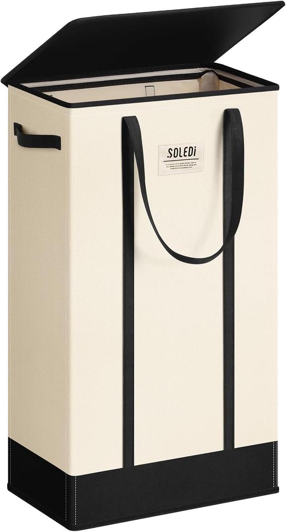 SOLEDI 75L Slim Laundry Basket with Lid,Collapsible Narrow Laundry Hamper Handles,Tall Skinny Dirty Clothes Hamper for Laundry Room,Dorm,Bathroom,Bedroom,and Small Spaces, 75L Beige