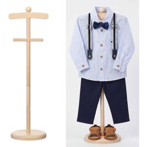 Bucherry 1 Pack Baby Clothes Display Stand Wooden Baby Shower Centerpiece Adjustable Height Circle Shaped Dress Hanger Doll Dress Outfit Stand Rack Hand Assembled Hangers Display Set (Wood Color)