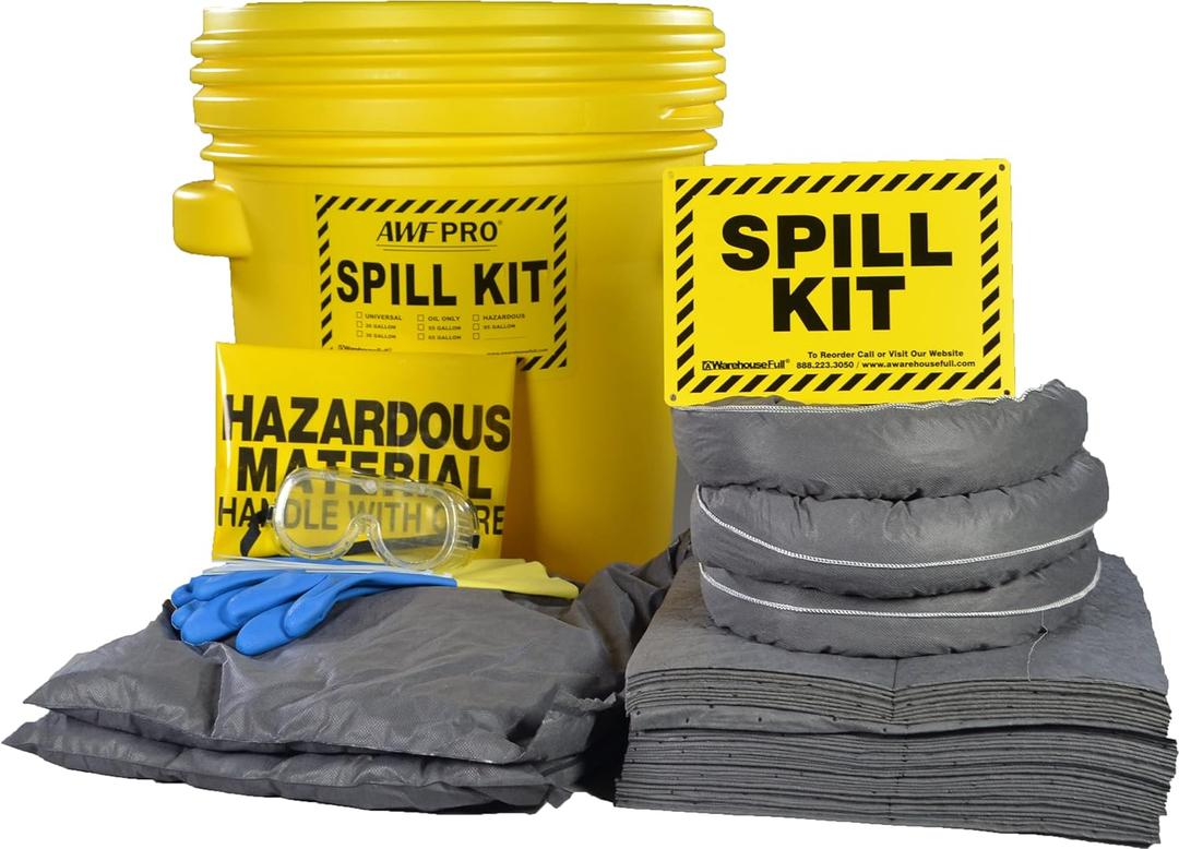 AWF PRO 20 Gallon Universal Spill Kit, 59 Pieces  20 gal DOT Approved Drum, Socks, Pads & Pillows, & Accessories