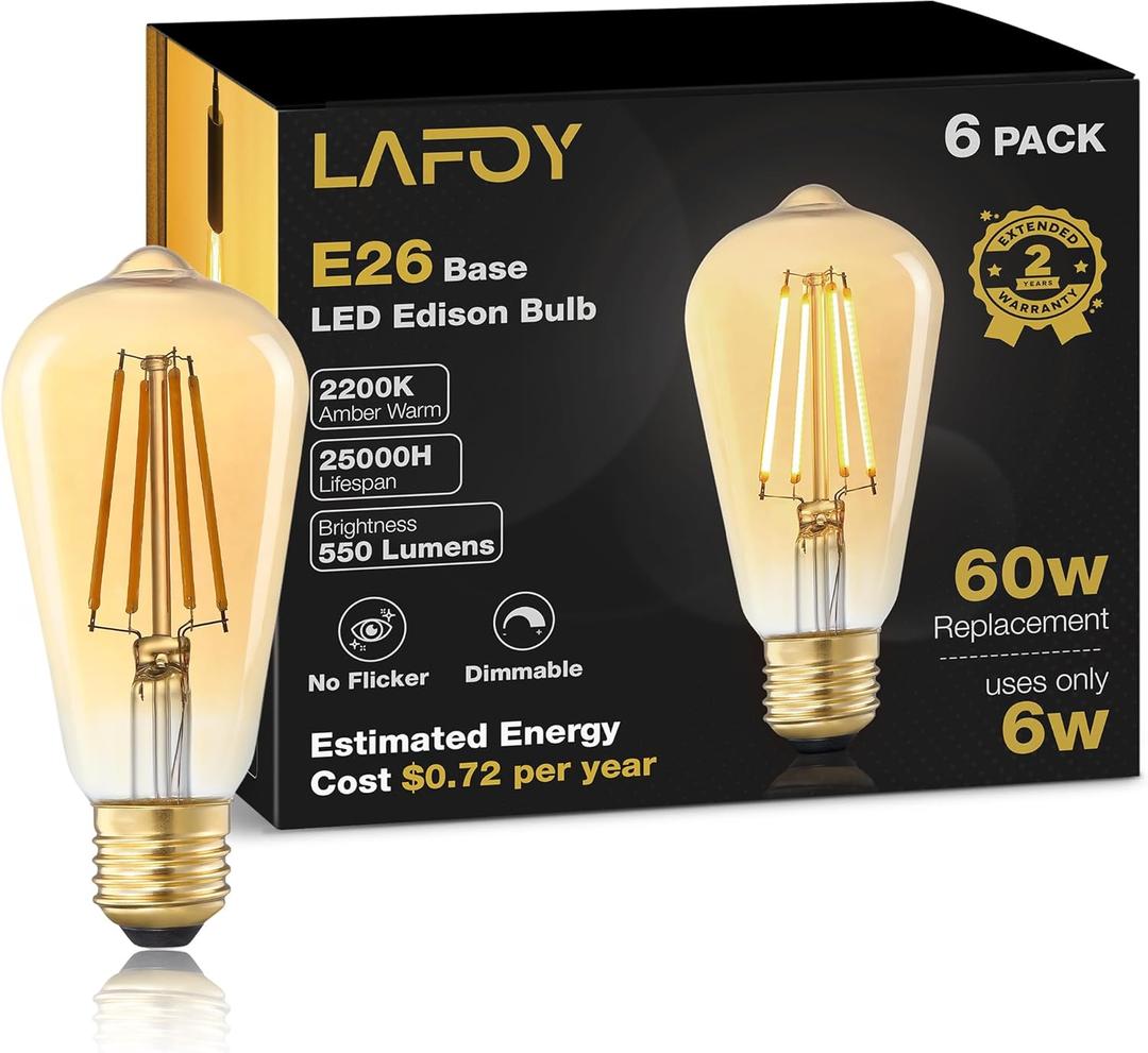 Amber Edison Light Bulbs 2200K Soft Warm, E26 LED Bulb 60 Watt Equivalent, 6W ST58 Teardrop Antique Style 60W Replacement, 550 Lumen Medium Base Lightbulbs, 120V 6 Pack