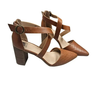 SM New York Brown Faux Leather Block Stacked Heel Ankle Strap Shoes Woven Buckle
 9.5
