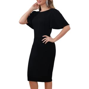 Aphratti Women's Short Sleeve Work Sheath Midi Dress Elegant Fitted Cocktail Party Church Funeral Outfit (Medium, Black)