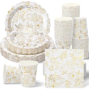 Havawish 125pcs Magnolia Spring Paper Plates Napkins Party Supplies White Flowers Tableware Decorations Magnolia Floral Scalloped Disposable Plates Cups for Wedding Bridal Baby Shower Birthday Party
