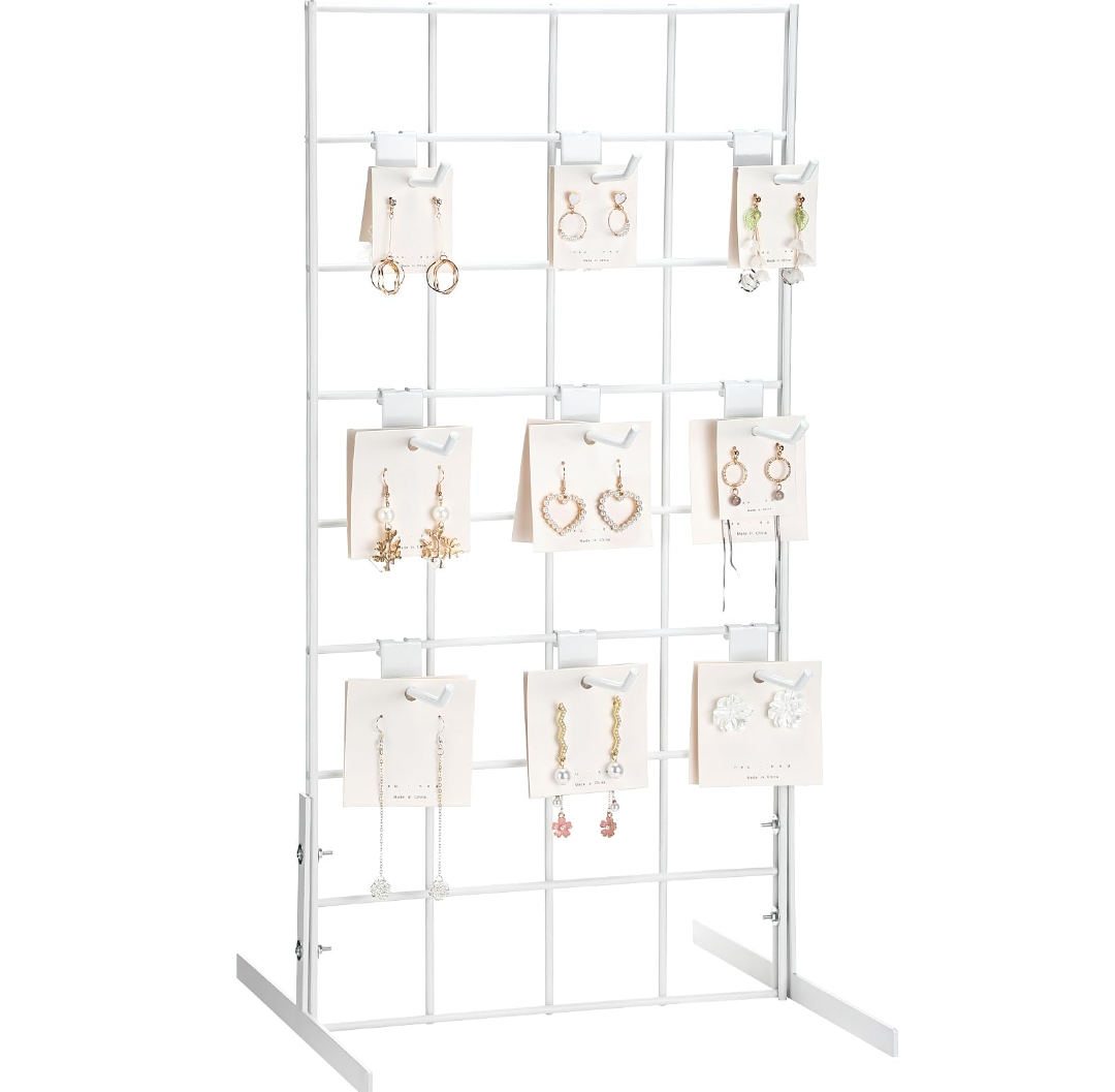 Pack of 10 Metal Grid Wall Hooks Panel Hooks Set Including 1 Pcs 24" H x 12" W Counter Top Gridwall Display Unit with T Base Floorstanding and 9 Pcs 4'' D Grid Panel for Retail Display(White)