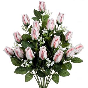 Juinte 12 Pcs Baseball Rose with Leaves Bulk Artificial Fake Flower Decor Sports Flower Bouquet Gifts for Table Centerpieces for Coach Team Player Fans Sports Theme Party Favors