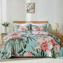 Yogeneg King Quilt Bedding Set, Green Pink Botanical Pattern Sky Blue King/ Cal King Quilt Set, 3 Piece Lightweight Soft Summer Bedspread Coverlet with 2 PIillow Shams, All Season(Sky Blue, 110"x96")