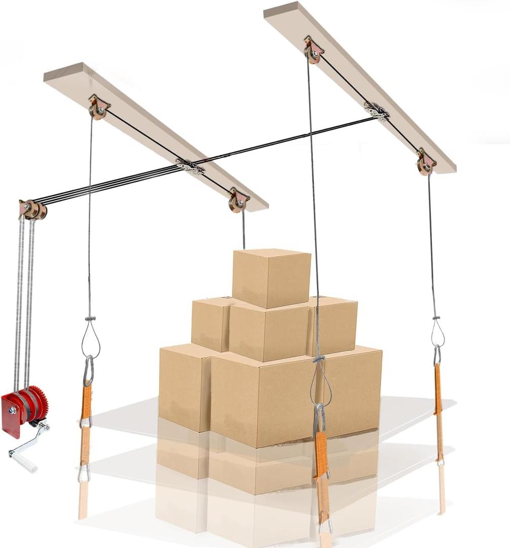 Heavy Duty Overhead Garage Storage Pulley Lift System, 300LBS Load Capacity, Ceiling Mounted Rack with Adjustable Height, for Bikes, Boxes and Bins, Home Garage Organization Not Include Racks