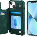 VANAVAGY Wallet Case Compatible for iPhone 13 for Women Men, PU Leather Flip Phone Cover Fits Magnetic Car Mount with RFID Blocking Credit Card Holder,Midnight Green