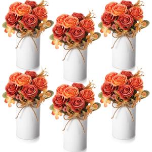 Domensi 6 Sets Wedding Centerpiece for Table Decoration Orange Artificial Fake Rose Flower with Metal Vase Faux Silk Rose Bouquet Floral Arrangement for Bridal Shower Home Dining