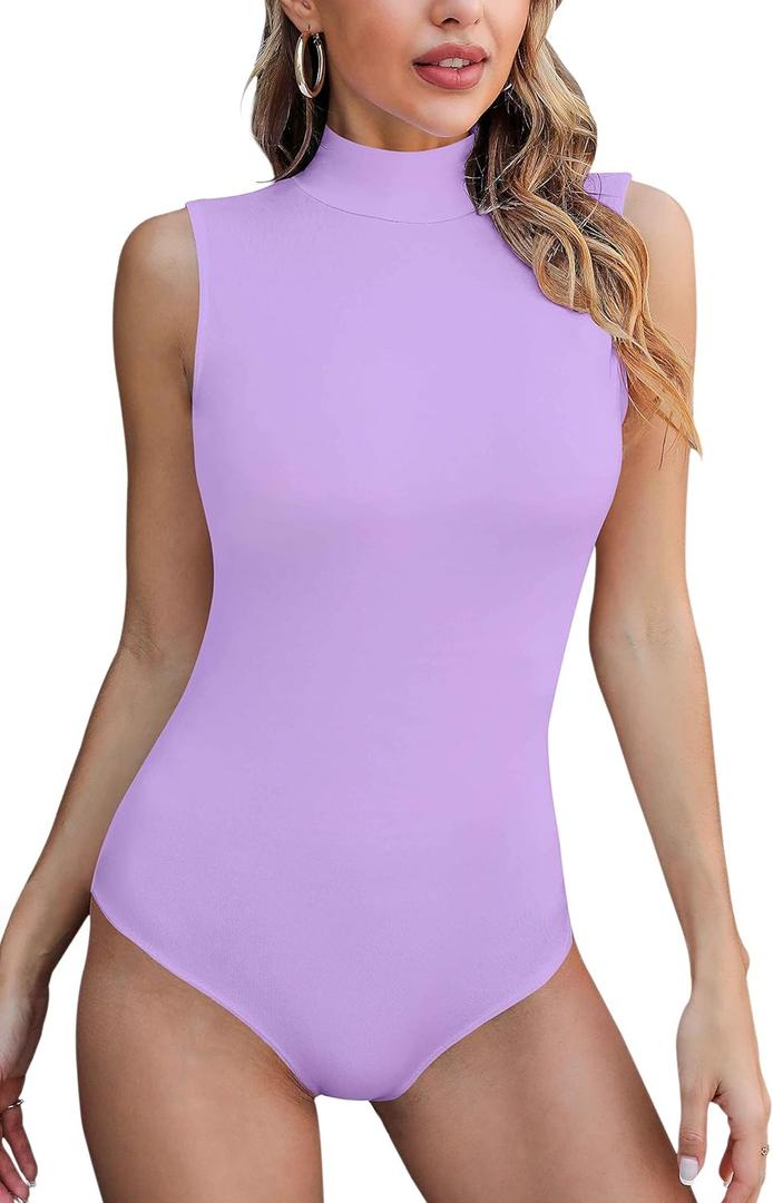 SHEIUGU Womens Sleeveless Long Sleeve Mock Turtle Neck Bodysuit Soft Slim Fit Stretchy Layer Top Classic Jumpsuit (Medium)