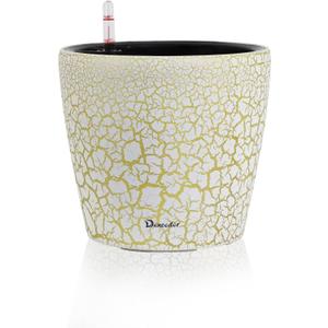 Dexceder 11x10 Inches Self Watering Planter Indoor Outdoor, Inner Pot Design, Thickened Table Flower Plant Pot with Water Level Indicator (White Gold Crackle)