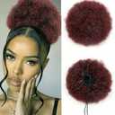 Kinky Curly Afro Human Hair Puff Ponytail for Women, Burgundy Hairpieces Curly Donut Chignon Wrap with Drawstrings and 2 Clips Updo Hair Extensions Natural Black Color(8 inch/99J)