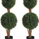 Lifelike Indoor&Outdoor use 3Ft Boxwood Double Ball Topiary Trees Faux Topiary Tree for Porch,Home,Garden Decor(Set of 2)