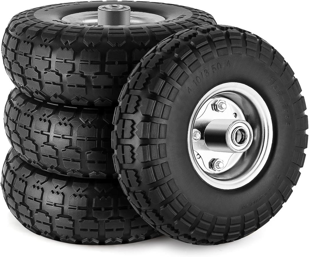 4 Pcs 4.10/3.50-4" Tire and Wheel Flat Free, 10 Inch Solid Rubber Tires with 5/8" Axle Bore Hole, 2.2" Offset Hub for Hand Truck, Wheelbarrow, Gorilla Cart, Garden Wagon Cart, Dolly, Utility Cart