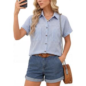 Kistore Womens Button Down Shirts Short Sleeve Summer Gingham with Pockets (Small, Blue)