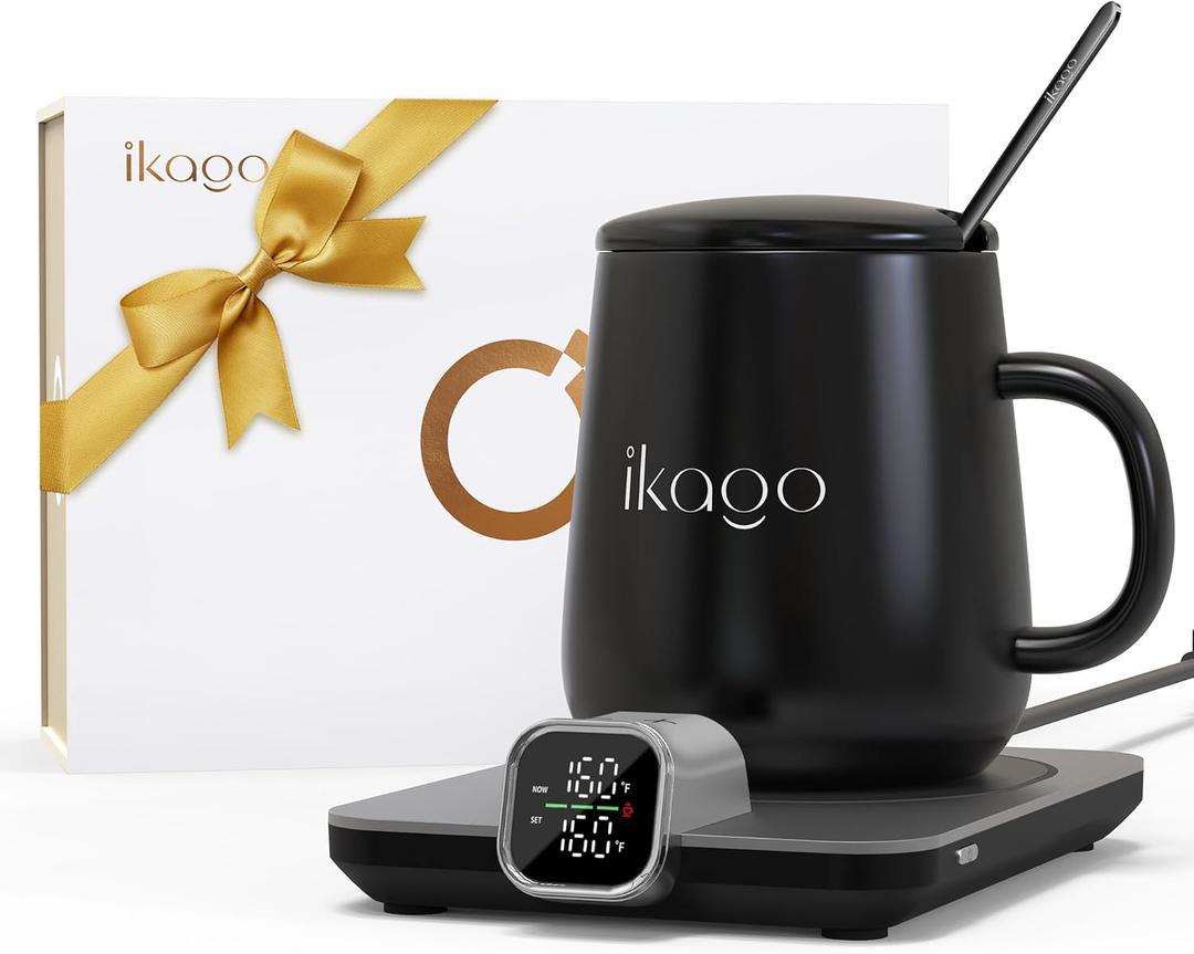 Coffee Mug Warmer & iKago Mug Set, Accurate Temperature Control Smart Heated Mug for Desk, Electric Coffee Warmer with Auto Shut Off & Real-Time Temp Display, Gifts for Men Women, 15oz Ceramic Mug (Dark Grey)