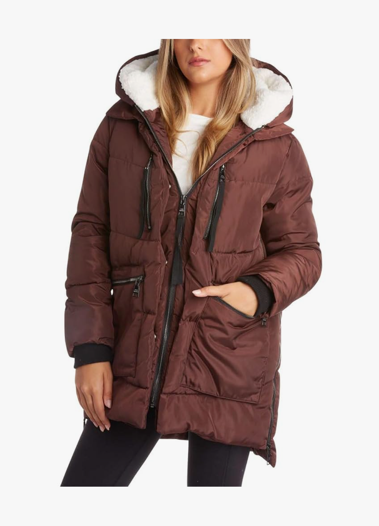 Steve Madden Women's Long Parka - Insulated Quilted Puffer Winter Coat for Women with Faux Sherpa Hood (Sizes: S)