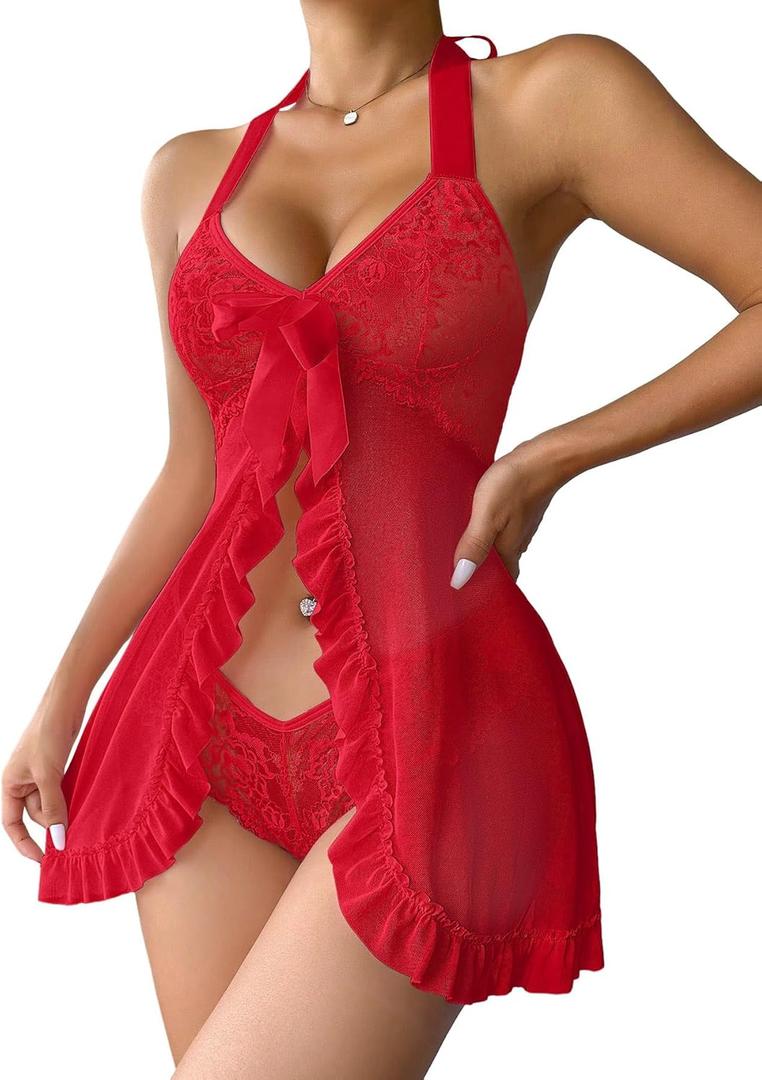 Foxiny Sexy Halter Open Front Ruffle Sheer Mesh Lace Babydoll Lingerie Dress with Thong 2 Piece Women See Through Panty Chemise Negligee Red, X-Large