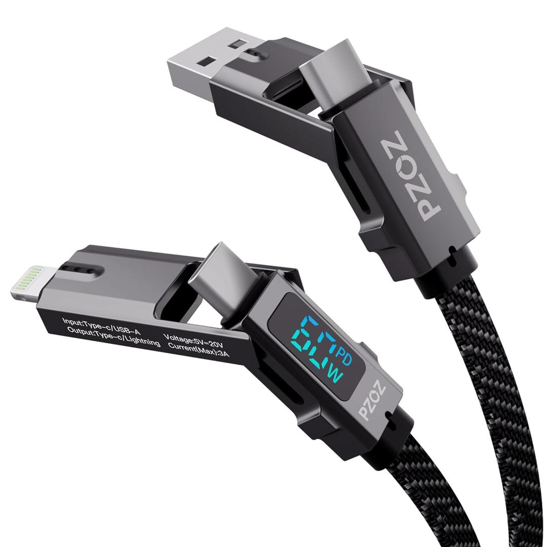 pzoz 4-in-1 USB C Fast Charging Cable with LED Display, Multi USBC Charger Combo Lightning/Type C/USB A Metal Ports for iPhone 16/15/14 Pro Max iPad MacBook AirPods Pro Samsung Google (60W, 5 ft)