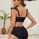 Arolina Womens High Waisted Bikini Sets Full Coverage Ruffle Swimsuits Two Piece Tummy Control Cheeky Bathing Suit (Black, L)