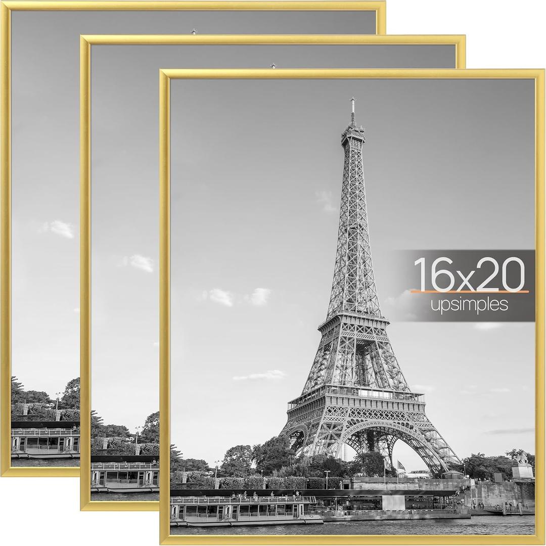 upsimples 16x20 Picture Frame Gold 3 Pack, Scratch-Proof Poster Frames 16 x 20 for Photo Gallery - Slide-In Strips, Horizontal or Vertical Wall Mounting