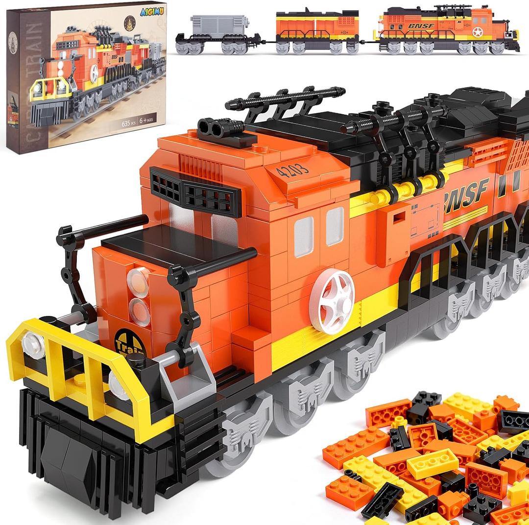 City Train Building Set, Stem Trains Building Toy for Boys Girls Ages 6-14, BNSF Freight Trains Model for Kids and Adult, Stem Locomotive Train Building Blocks, Christmas Birthday Gifts 635 PCS (Orange)