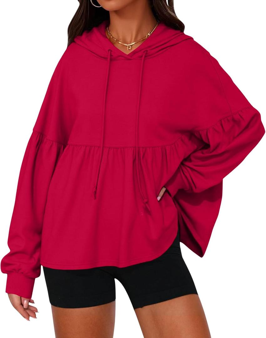 Womens Oversized Hoodies Sweatshirts Casual Lantern Sleeve Peplum Tops Drawstring Loose Hooded Pullover Workout Top (Small, Red)