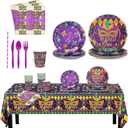Mardi Gras Party Supplies Disposable New Orleans Party Tableware Set includes Mardi Gras Plates Napkins Cups Tablecloth for Masquerade Carnival Fat Tuesday Decorations,Serve 20