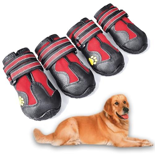 XSY&G Dog Boots,Waterproof Dog Shoes,Dog Booties with Reflective Strips Rugged Anti-Slip Sole and Skid-Proof,Outdoor Dog Shoes for Medium Large Dogs 4Pcs Red-Size 8