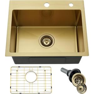 20x16 Drop In Gold Bar Sink, Top Mount Outdoor Wet Bar Sink Single Bowl 16 Gauge Stainless Steel Deep Small Drop In Kitchen Sink, 20"x16"x10"