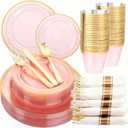 WELLIFE 350Pcs Clear-Pink Plastic Dinnerware- Pink and Gold Plastic Dinnerware includes 50 Dinner Plates, 50 Dessert Plates, 150 Gold Silverware, 50 Cups and 50 Napkins. Perfect for Parties