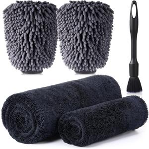 2 Pack Car Drying Towel 1200GSM Microfiber Drying Towels for Autos Trucks 36" x 24" and 16" x 16" Twisted-Loop Microfiber Cleaning Cloth with Car Wash Mitt and Detailing Brush Wash Kits