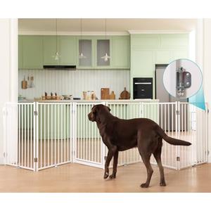 No Pawblems Free Standing Dog Gate with Door, 30'' Tall Foldable Dog Fence for Indoor & Outdoor, Up to 156 Inch Extra Wide Puppy Gate for Stairs, Hallways, Doorways, Deck, Yard (White, 6 Panels)