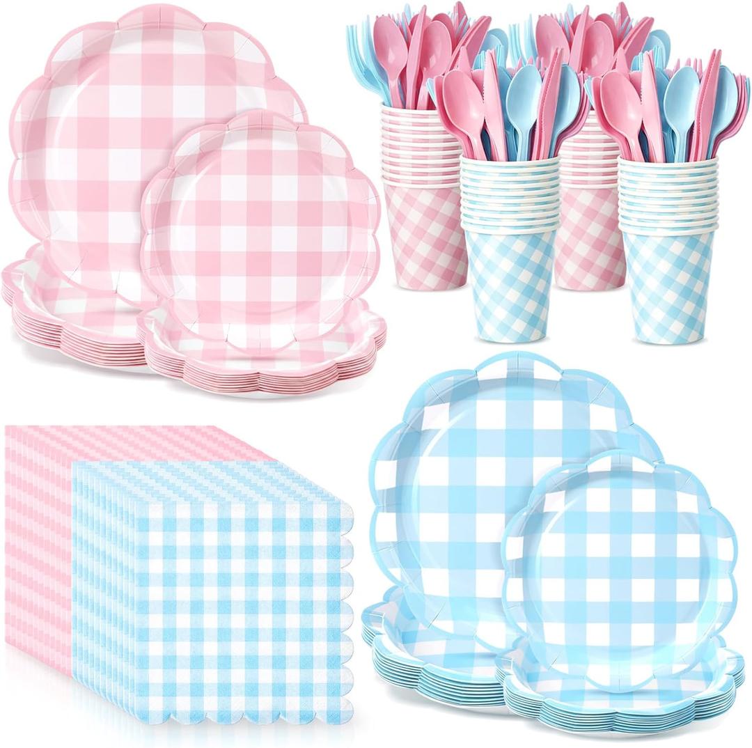350 Pcs Baby Gender Reveal Plates and Napkins Set Gender Reveal Decorations Includes Pink and Blue Plates Napkins Cups Spoons Forks Knives for Baby Shower Birthday Gingham Party Supplies