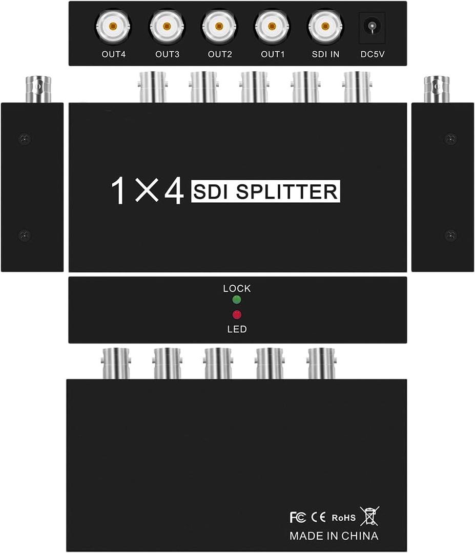 SDI Splitter 1x4 Multimedia Split SDI Extender Adapter Support HD-SDI, SD-SDI and 3G-SDI Signals for Projector Monitor Camera（1 sdi Input and 4 sdi Output